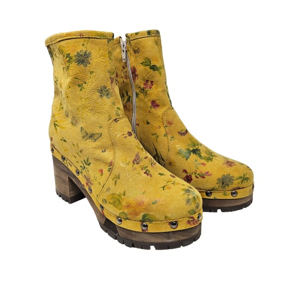 GRUNBEIN Bella Clog Boots 39 Yellow Floral Suede Handmade Sustainable Bohemian - Picture 2 of 12